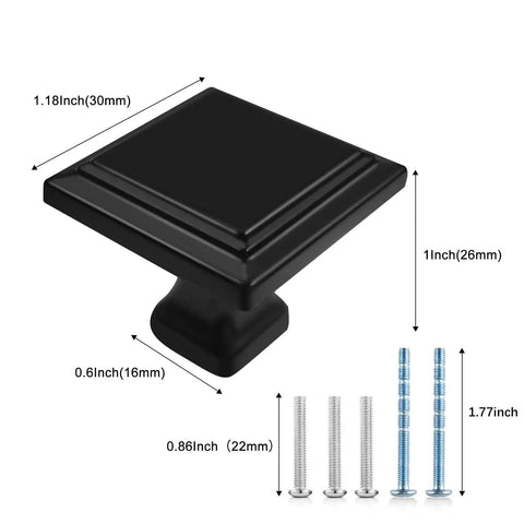 12 Pack Black Matte Square Cabinet Knobs For Drawers Built Tough With Solid Metal Build 30mm 1.2 Inch Size And Standard Screw Holes Easy Upgrade For Cabinets Dressers And More, 30mm knob with screws