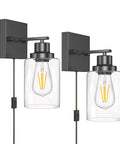 Plug In Rustic Wall Sconces Set Of 2 Modern Vanity Lights With Glass Shades E26 Base Matte Black Finish Vintage Industrial Style