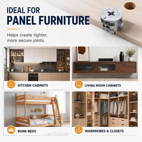 Image showing uses of 8 Pack Quick Fitting Furniture Joint Bracket Set for cabinets, beds, wardrobes, illustrating secure furniture joints.
