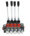 4-spool hydraulic control valve with four levers, red port openings, 11 GPM, metal body