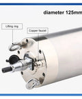 Close-up of 5.5KW ER25 CNC Water Cooled Spindle for Stone Milling showing lifting ring, copper faucet, and 125mm diameter.