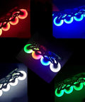 LED Light-Up Inline Skate Wheels Set With Magnetic Core And Bearings For Indoor And Outdoor Use 90A Hardness 8-Pack in Red 90MM, glowing in multi-colors.