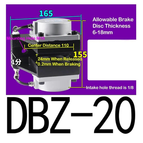Pneumatic Air Pressure Disc Brake Cylinder DBZ20 with dimensions and technical details for wire drawing machines.