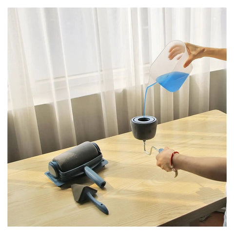 Person pouring blue paint into Premium 5 Piece Wall Paint Roller Brush Set Heavy Duty Rollers With Built In Edge Trimmers.