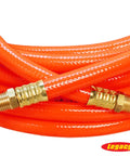 Orange 3/8 Inch Air Hose, 50 Ft With 1/4 Inch MNPT Fittings, PVC Reinforced By Polyester Yarn, Bend Restrictor Helps Prevent Wear