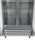 Interior view of Straight Up Heavy Duty Commercial Two Door Refrigerator 35 Cubic Feet Stainless Steel With Digital Temperature Controls, showing shelves.