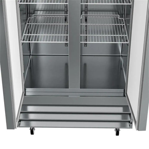 Interior view of Straight Up Heavy Duty Commercial Two Door Refrigerator 35 Cubic Feet Stainless Steel With Digital Temperature Controls, showing shelves.
