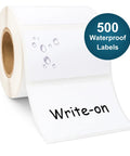 Roll of 500 Waterproof White Write On Label Stickers Made From Durable Polypropylene With Permanent Adhesive, write-on surface shown