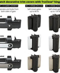 Various finishes of TruClose heavy duty self-closing gate hinges with adjustable tension for pool and high traffic gates.