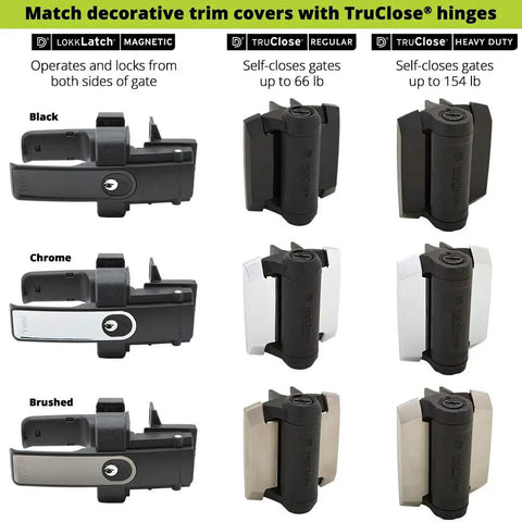 Various finishes of TruClose heavy duty self-closing gate hinges with adjustable tension for pool and high traffic gates.