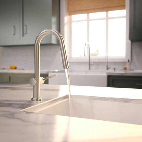 hansgrohe Talis N Pull Down Kitchen Faucet, Modern, Magnetic Hand Sprayer, 1-Handle, 1.75 GPM, Stainless Steel Optic, 72866801 with flowing water.