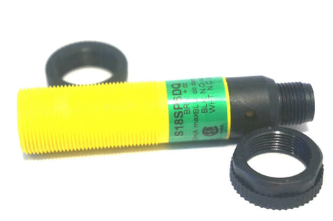 Photoelectric Sensor S18SP6DQ 0 To 100 mm Sensing Range PNP Output 150 MA DC 10 To 30 V Industrial Automation Sensor Built For Fast Object Detection And Reliable Tracking Across Conveyor Lines Packaging Machines And Robotic Systems, yellow cylindrical body with threaded mount