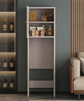 Bottom Loading Water Dispenser Stand Cabinet with Multi Layer Solid Wood Shelf, open door showing shelving in home office setting