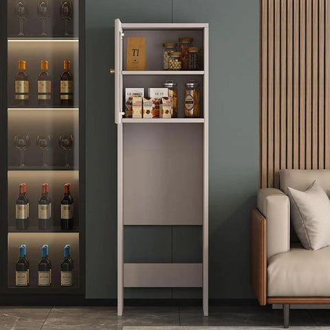 Bottom Loading Water Dispenser Stand Cabinet with Multi Layer Solid Wood Shelf, open door showing shelving in home office setting