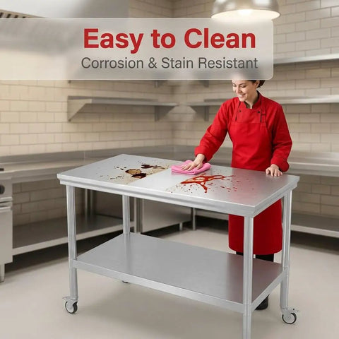 Chef cleaning Beefy Stainless Steel Pulley Workbench With Casters, Heavy Duty Prep Table With Lower Shelf For Restaurants, Garages, And Outdoor BBQs, 201 Stainless Steel Construction, Anti Corrosion Finish, Mobile Kitchen Station.