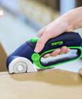 Zeite 4 V Cordless Electric Scissors Cardboard Cutter cutting through cardboard with easy grip handle for quick tasks.