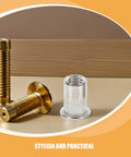 Stainless Steel Pro Grade Rivet Nut Kit 70 Pack with flat head threaded insert beside brass screws on table