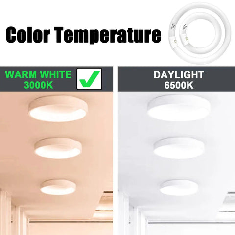 Color temperature comparison with warm white 3000K and daylight 6500K lighting using 5.5 Inch 4 Pin T4 Circular Fluorescent Vanity Mirror Light Bulbs Replacement 12W Round Makeup Mirror Bulbs, 2 Pack Fits Conair BE116 BE116T BE116TX BE121 BE122 And Similar Brands