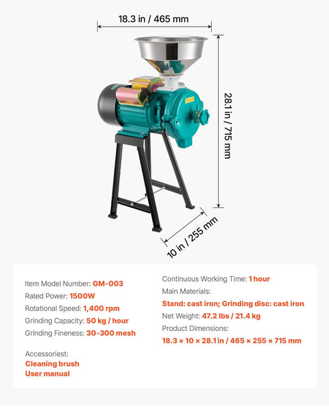 Electric Grain Mill And Spice Grinder For Dry Grains, Coffee Beans, Cereals And Pepper, 1500W Cast Iron Pulverizer