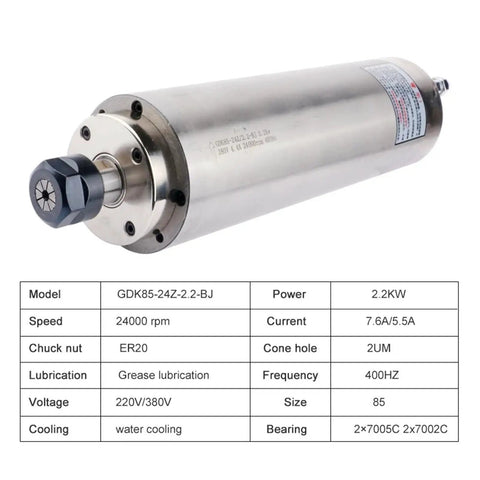 2.2KW Water Cooled Spindle Motor For CNC Router And Milling Machine featuring precision ER20 collet and stainless steel finish.