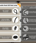 Comparison of features for a double head LED desk lamp with clamp, flexible gooseneck, and remote control