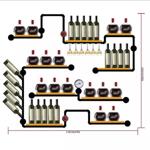 Heavy Iron Pipe Wine Rack And Wall Mounted Shelf For Bottles And Glasses Rad Decor For Kitchen Or Home Bar Flex Space With Vintage Charm showcasing layout with wine bottles and glasses.