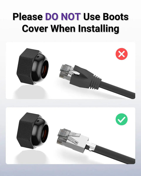 Incorrect and correct ways to use IP68 Waterproof RJ45 Coupler For Outdoor Cams And IP Gear Shielded Ethernet Connector For Cat6 Cat5e Cat5 PoE Ready Ultra Tough PA66 Weatherproof Housing Compact 3.64 Inch Outdoor 2 Pack with and without boot cover.