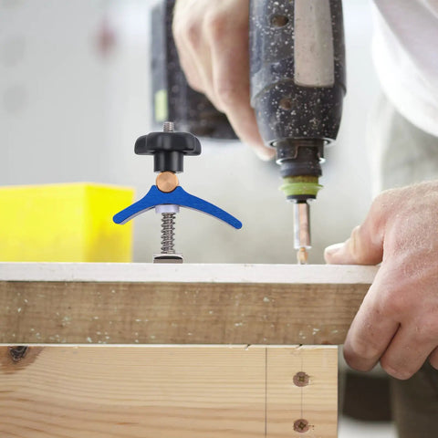 Pro-Grade T-Track Clamp Quick-Act Hold-Down For Woodworking And Carpentry in use on a workbench with drill press clamp tool