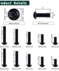 Heavy Duty 10-32 X 1 Inch Button Head Socket Cap Bolts Made From Genuinely Tough 304 Stainless Steel With Smooth Black Oxide Finish And Precision Allen Hex Drive, 50 Pack Of Full Thread Screws, showing different sizes and dimensions.