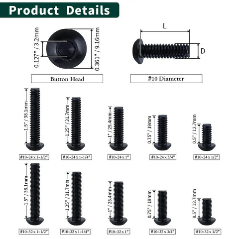 Heavy Duty 10-32 X 1 Inch Button Head Socket Cap Bolts Made From Genuinely Tough 304 Stainless Steel With Smooth Black Oxide Finish And Precision Allen Hex Drive, 50 Pack Of Full Thread Screws, showing different sizes and dimensions.