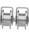 Heavy Duty Stainless Steel Pulley Wheel Set For Sliding Door Tracks, front view showing two stainless steel wheels side by side.