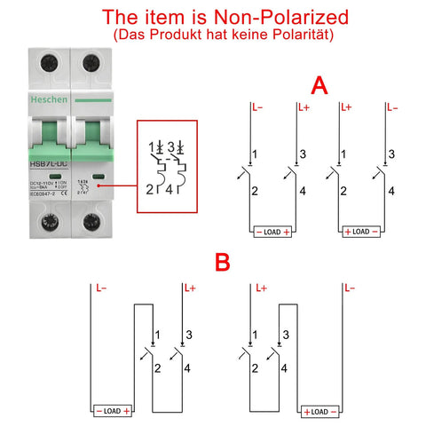 DC Miniature Circuit Breaker 2-Pole 40 Amp Non-Polarized Type B 12V-110V DC MCB for Solar, RV, Marine with wiring diagram