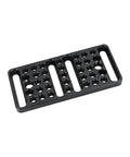 Super Solid Anodized Aluminum Cheese Plate Mounting Platform providing Hella Versatile Quarter Inch and Three Eighth Screw Threads for Sweet Vesa Camera Video Rig Setups, black cheese plate with multiple screw holes.