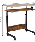 Mobile Side Table On Wheels Height Adjustable Laptop Cart For Living Room And Bedroom C Shaped Bed End Table Rustic Brown
