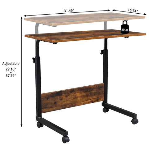Mobile Side Table On Wheels Height Adjustable Laptop Cart For Living Room And Bedroom C Shaped Bed End Table Rustic Brown