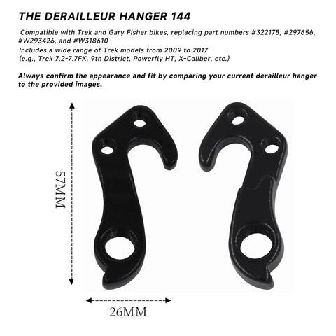 Derailleur Hanger 144 Replacement for Trek and Gary Fisher Bikes, Aluminum Alloy, black finish, 57mm x 26mm dimensions
