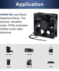 Applications of EC Brushless Industrial Case Fan 120x120x38mm for cooling electronics like Xbox, routers, and computers.