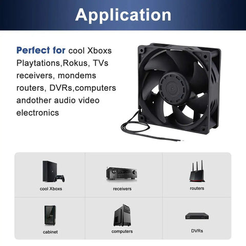 Applications of EC Brushless Industrial Case Fan 120x120x38mm for cooling electronics like Xbox, routers, and computers.