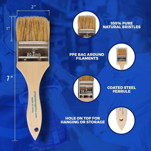 24 Pack Chip Paint Brushes, 2 Inch Wide Square Trim, Light Brown Handles, Disposable Utility Brushes for Paints, Stains, Varnish, Acrylic, and Gesso, Perfect for Home, Shop, and Jobsite Projects