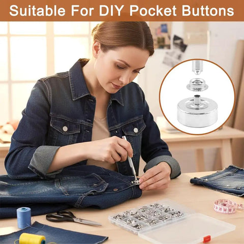 Top Shelf Stainless Steel Snap Fastener Kit Includes Two Hundred Pieces For Leather Heavy Canvas And Garment Repair Built Solid As A Rock With Zero Rust Headaches Everyday, woman attaching snap to denim.