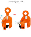 QWORK 2-Ton vertical plate lifting clamp, orange steel with ring hanger, 4400 lb capacity, front and side views.