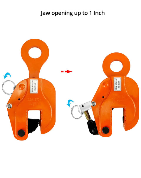 QWORK 2-Ton vertical plate lifting clamp, orange steel with ring hanger, 4400 lb capacity, front and side views.