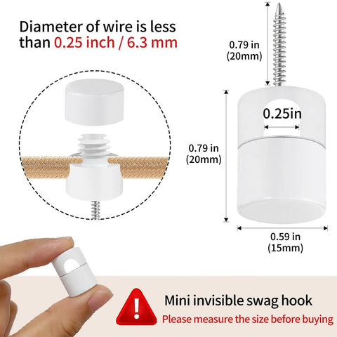 Diagram showing dimensions of mini invisible swag hook, diameter 0.25 inch, part of Six Pack Aluminum Swag Hooks For Ceiling Hanging.
