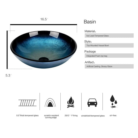 Dope Look Vessel Sink For Your Bathroom, Tempered Glass Vanity Bowl In Blue With Hand Painted Pattern, 16.5"W x 5.3"D