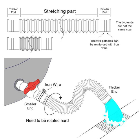Diagram of the foldable spa bath tub drainage setup with hose and valve, part of the Portable Bath Tub For Adults With Backrest, 65 By 34 By 28 Inches.