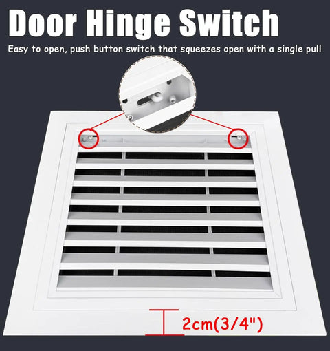 Top Notch White Louvered Access Door Vent With Detachable Mesh Cover For Wall And Ceiling Inspection Hatch showing a door hinge switch.