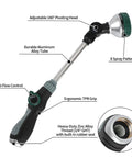 17.5 Inch Garden Hose Watering Wand with Eight Spray Patterns, thumb flow control, pivoting head, and ergonomic grip shown in detail