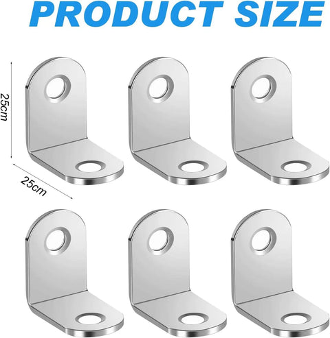 Heavy Duty L Brackets 10 Pack With 20 Screws Rust Resistant Stainless Steel Corner Supports For Shelves And Wood Furniture, showing six 25mm brackets.