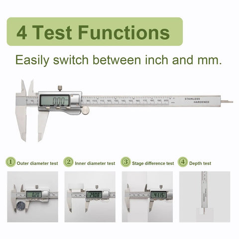 Beefy All Metal Digital Caliper With Zero To Eight Inch Range Auto Off And Depth And Step Measuring Two Jaws For Inside And Outside Measurements Switchable Inches Or Millimeters For DIY Projects Household Tasks And 3D Printing showing four test functions with digital display.