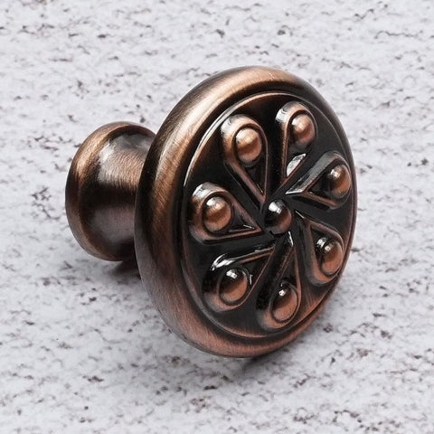 Antique Copper Round Cabinet Knob for Drawers and Wardrobes, zinc alloy, decorative pull handle, 1-3/16 inch diameter, classic design.